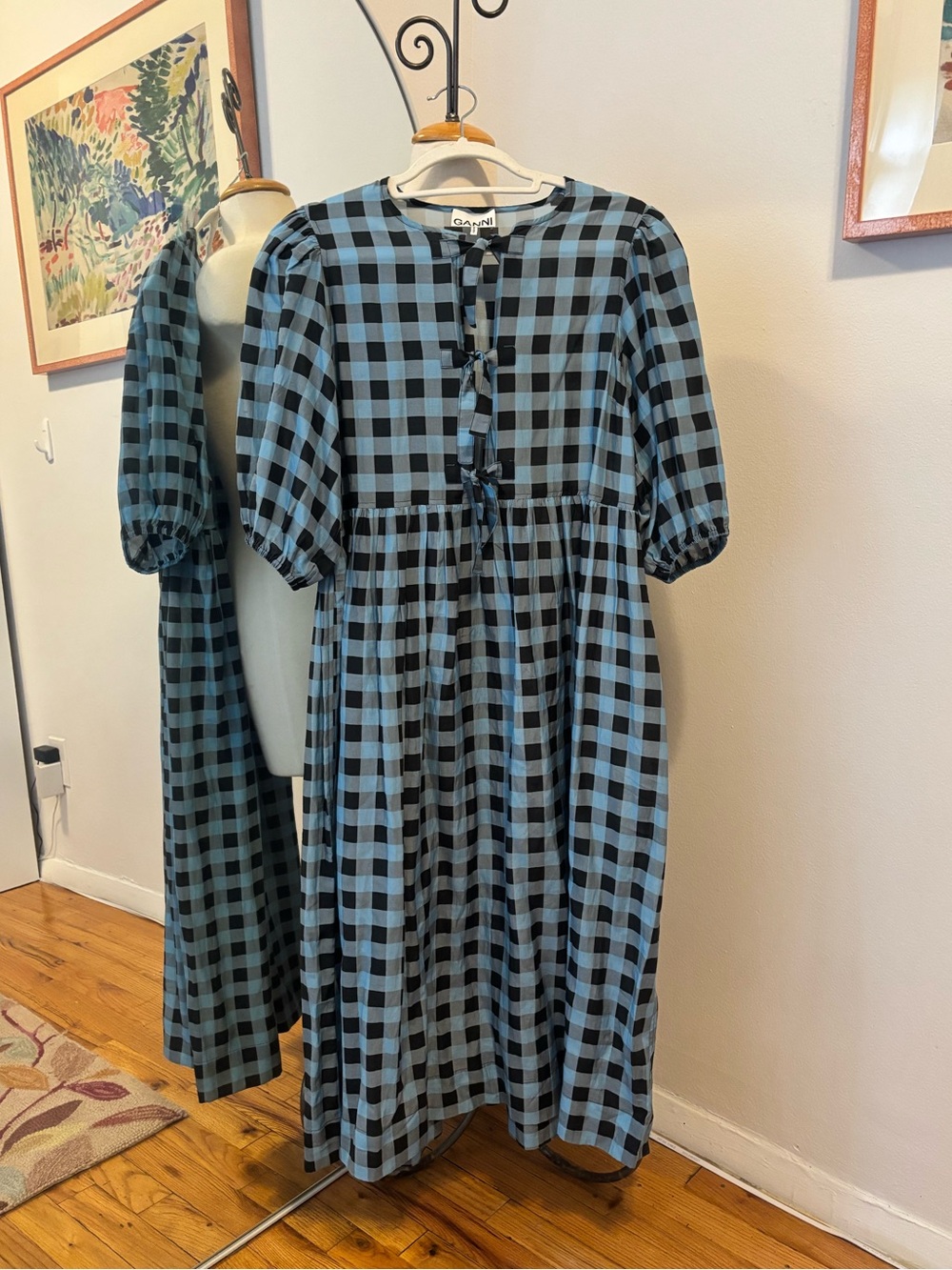GANNI Blue and Black Gingham Midi Dress with Tie Front